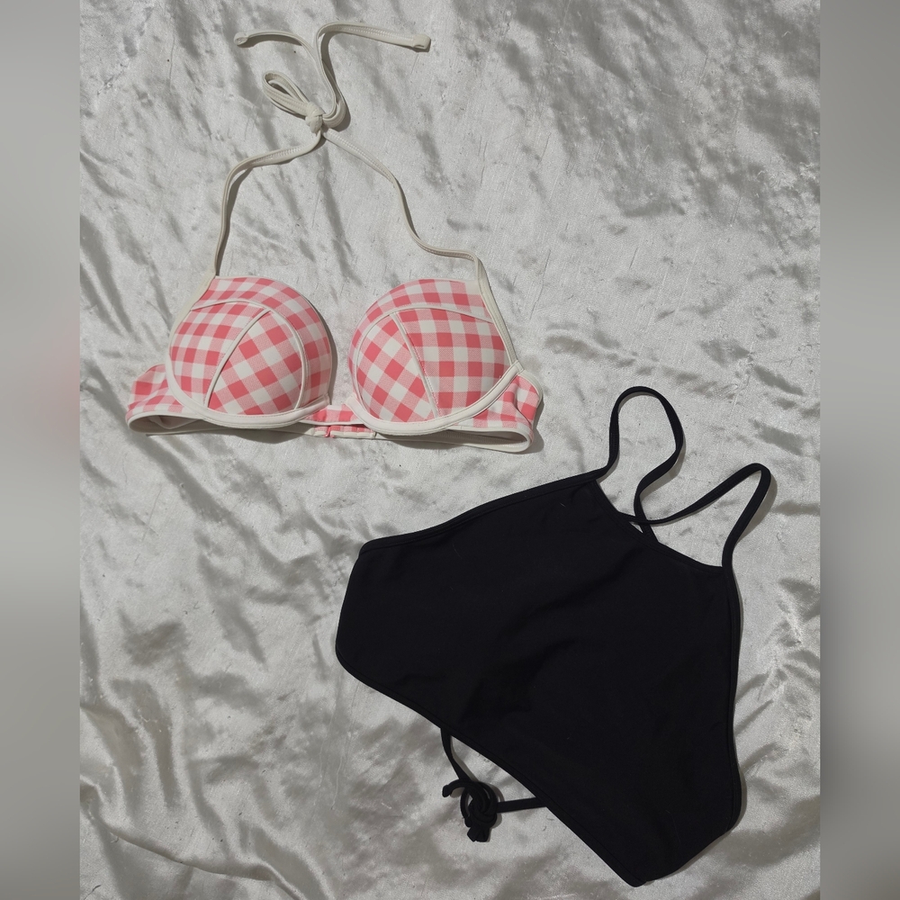 Lot Of 2 Aerie Bikini Swim Tops Pink & White Plaid, Black Halter Size Med / 34B